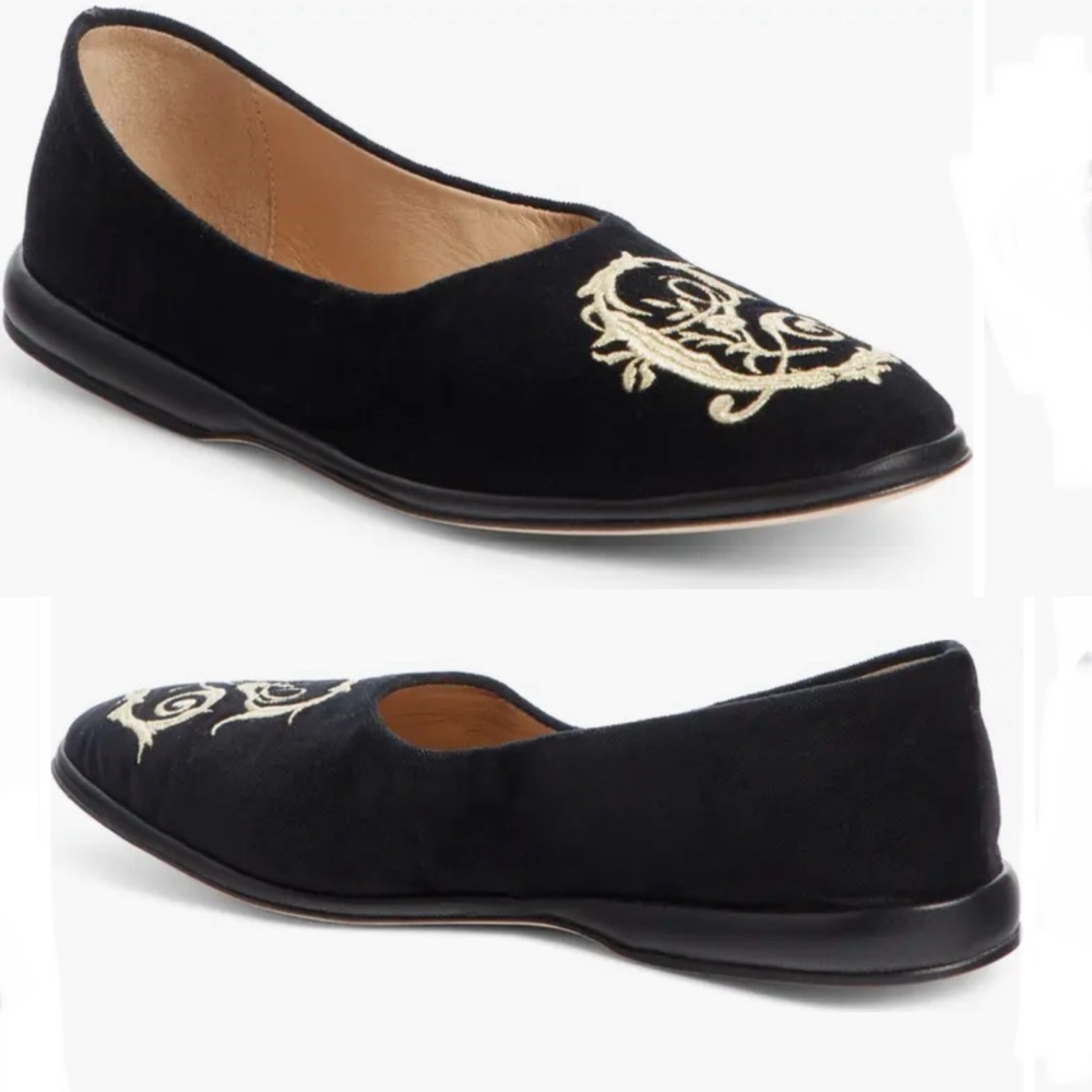 Chloe Dark Blue Lagoon Western Velvet Skye Loafers with Metallic Embroidery